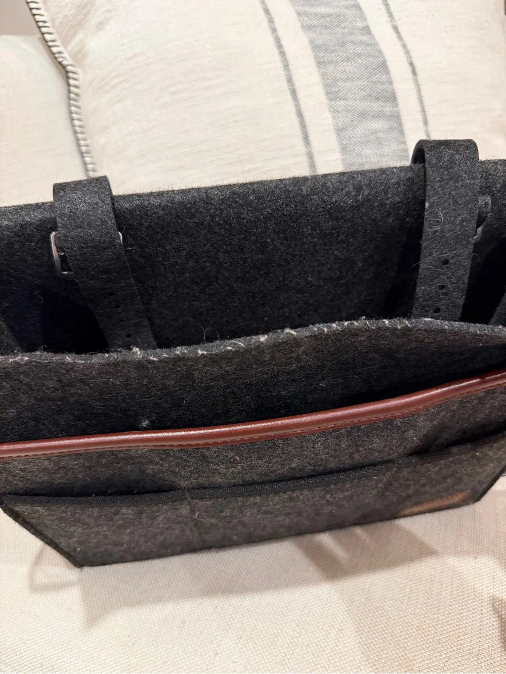 Dark Gray Felt Bedside Organizer with Brown Trim